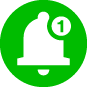 Green circular icon featuring a white bell with a notification badge indicating one new alert.
