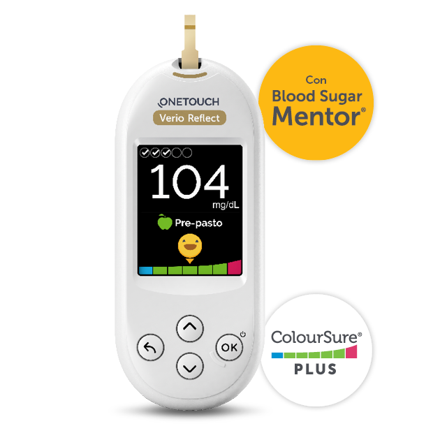 OneTouch Verio Reflect meter with Blood Sugar Mentor and ColourSure Plus logos.