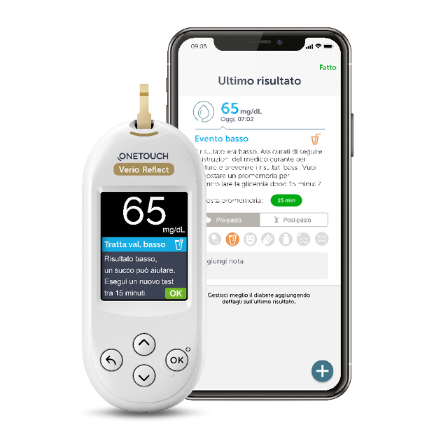 OneTouch Verio Reflect meter showing low reading of 65 mg/dL next to smartphone.