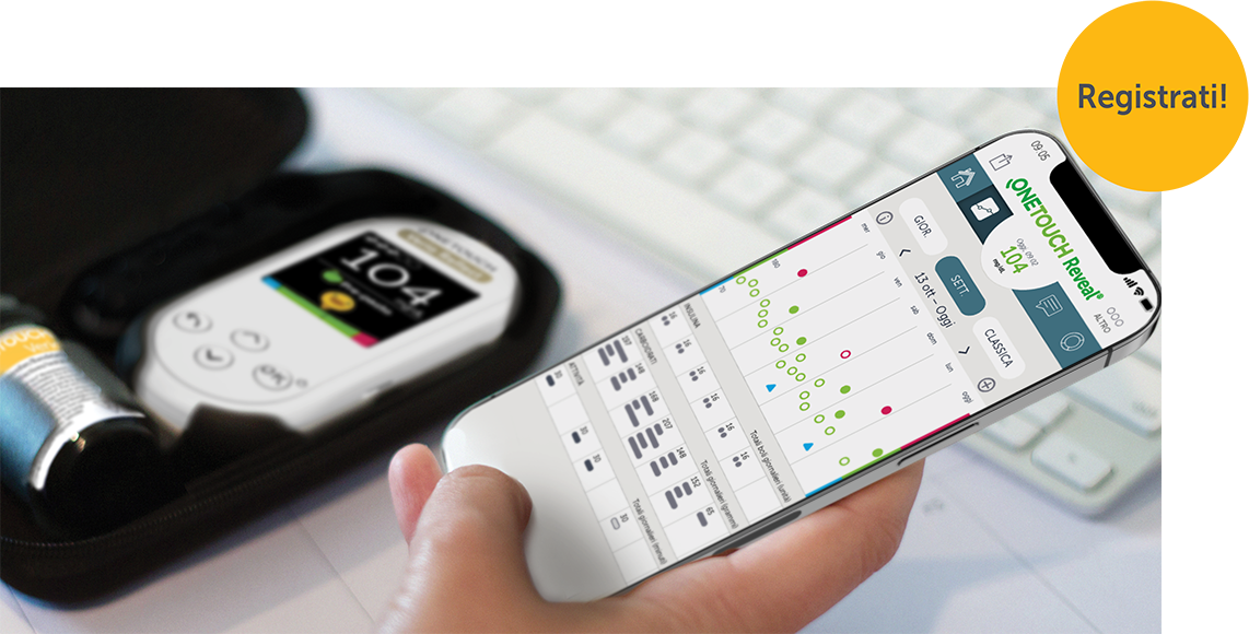 Articoli sul diabete di OneTouch con cerchio giallo di iscrizione.