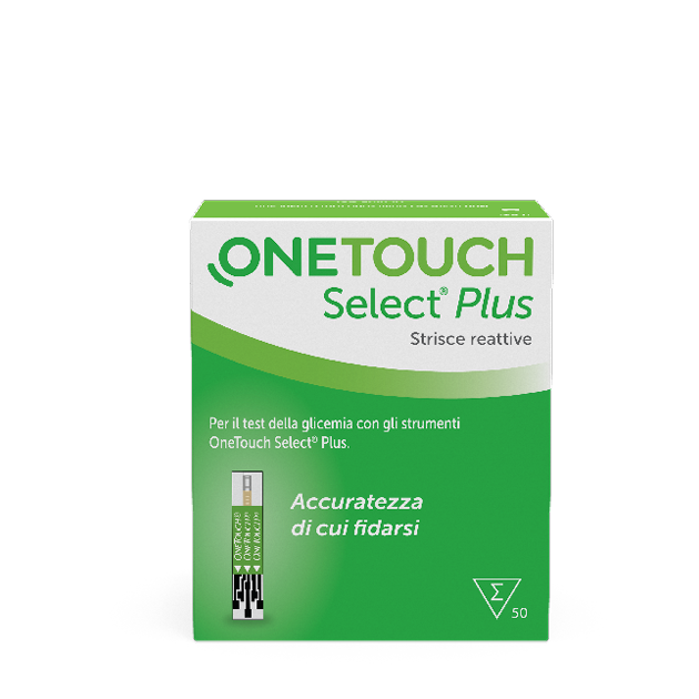 OneTouch Select Plus test strips packaging, featuring a green design with the text 'Accuratezza di cui fidarsi' and indicating that it contains 50 reactive strips for blood glucose testing.