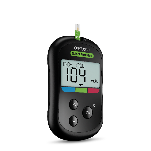 OneTouch Select Plus Flex glucose meter displaying a reading of 104 mg/dL with a test strip inserted