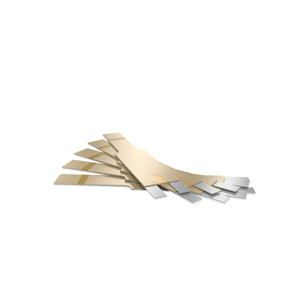A set of five metal and gold-colored strips arranged in a fan shape, showcasing a mix of shiny silver and matte gold finishes.