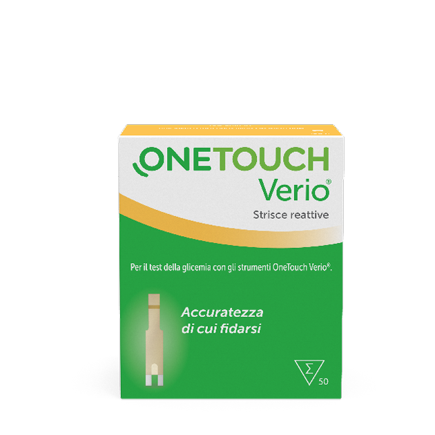 A box of OneTouch Verio reactive test strips for blood glucose monitoring, featuring a green and yellow design with the text 'OneTouch Verio' prominently displayed on the front.