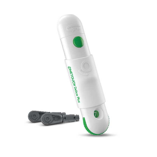 OneTouch Delica Plus lancing device in white and green, with two gray lancets placed next to it.