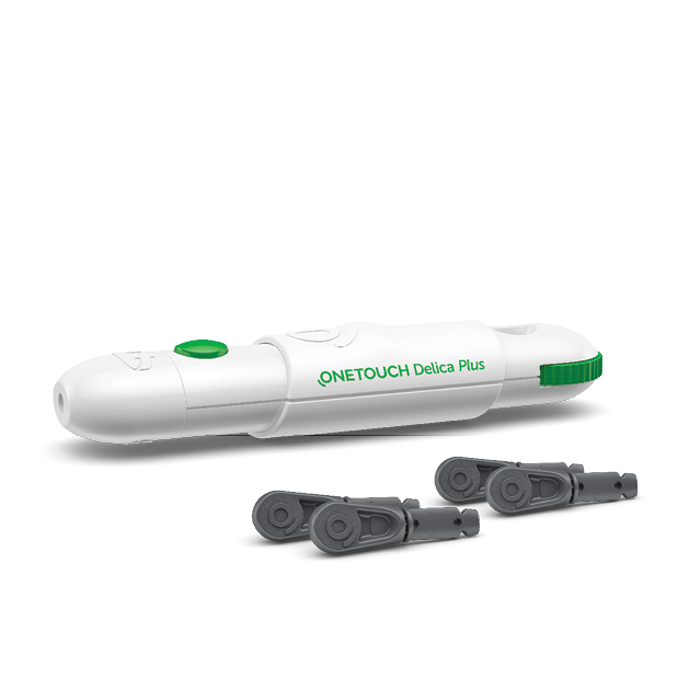 OneTouch Delica Plus lancing device in white and green, with three gray lancets positioned beside it,