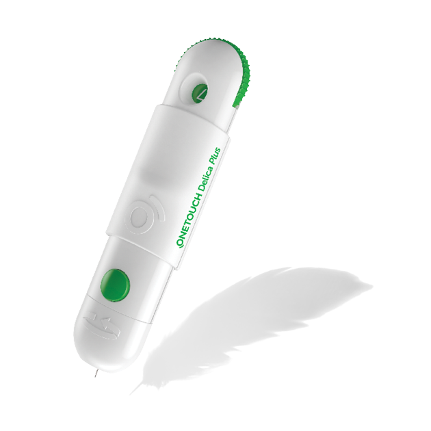 Close-up view of the OneTouch Delica Plus lancing device, showcasing its green button and design details.