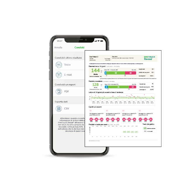 Mobile phone displaying the ONETOUCH Reveal app interface with a report sharing screen.