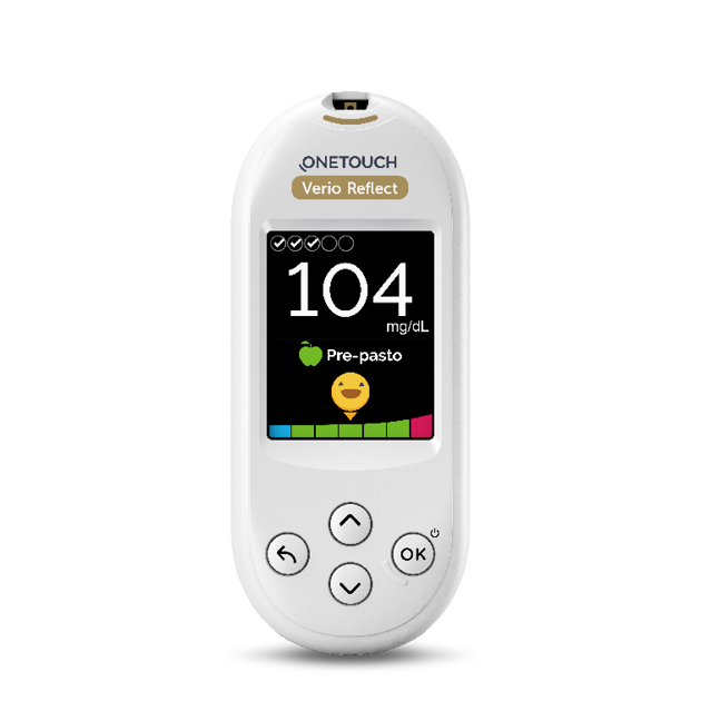 OneTouch Verio Reflect glucose meter displaying 104 mg/dL reading.