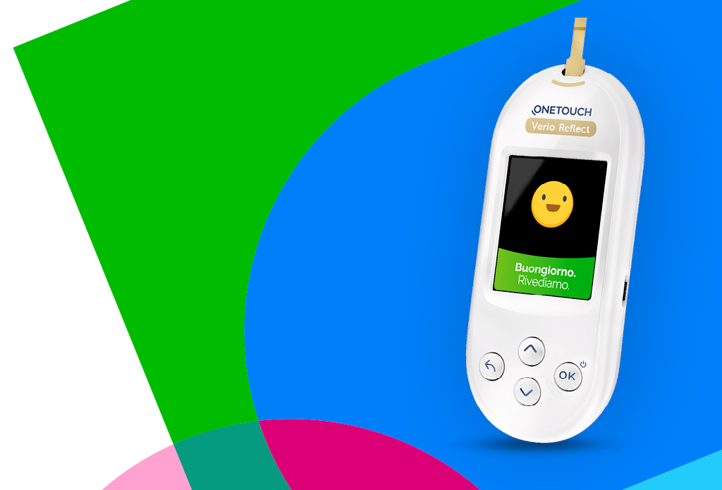 A close-up of the OneTouch Verio Reflect glucose meter displaying a happy face and a message in Italian, indicating a successful reading.