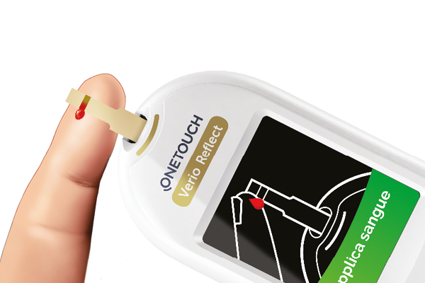 Close-up of a OneTouch Verio Reflect glucose meter with a blood sample being taken, showing the meter's testing strip and blood drop.