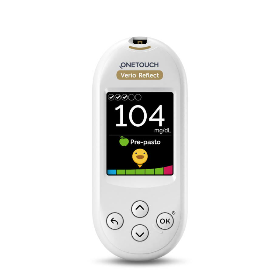OneTouch Verio Reflect glucose meter displaying 104 mg/dL reading.