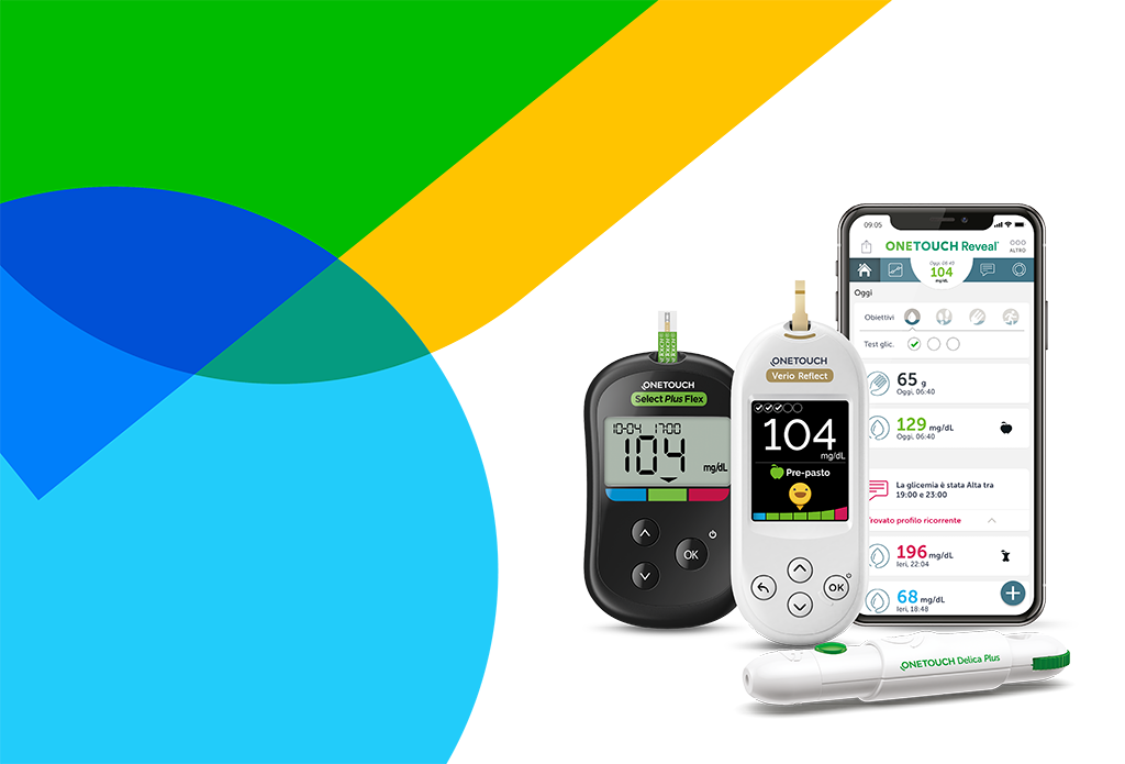 Uno smartphone che visualizza l'app OneTouch Reveal accanto ai misuratori di glucosio, evidenziando soluzioni complete per il monitoraggio del diabete.