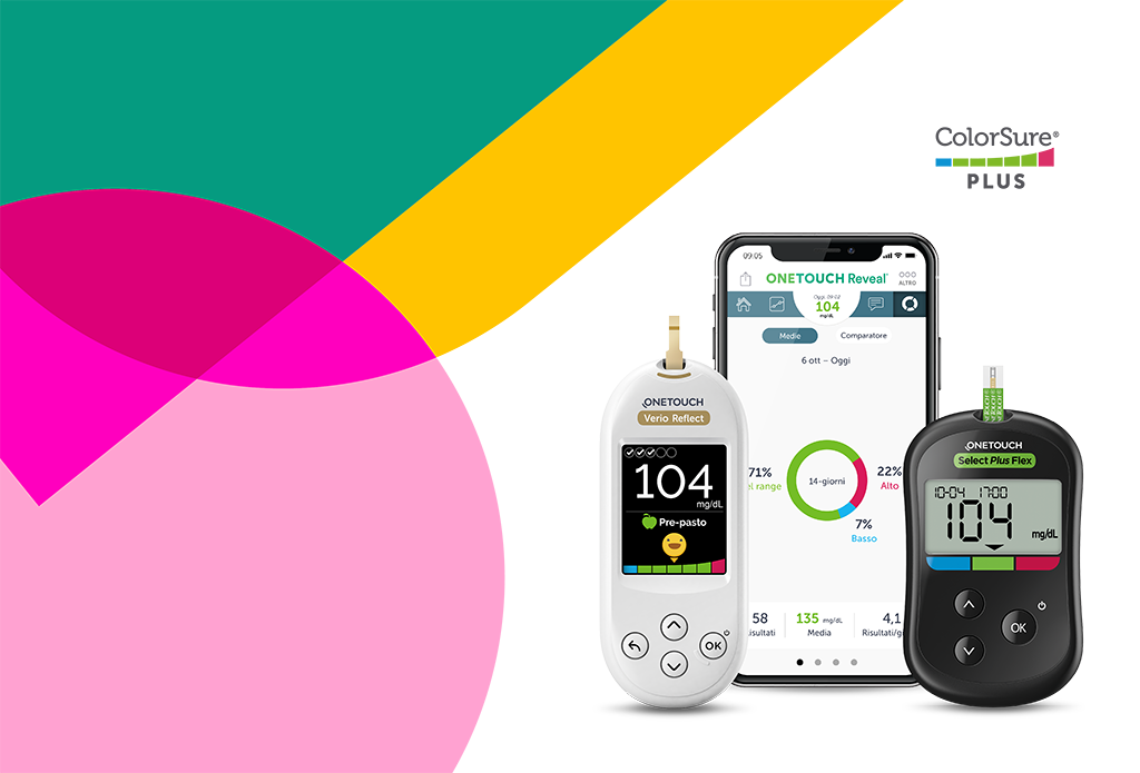 Due misuratori di glucosio, OneTouch Verio Reflect e OneTouch Select Plus, esposti con uno smartphone che mostra dati sulla salute, illustrando la gestione moderna del diabete.