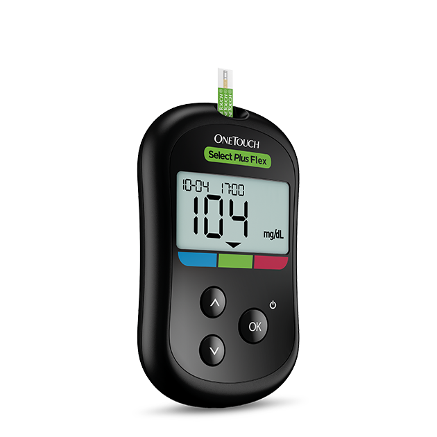 OneTouch Select Plus Flex glucose meter displaying a reading of 104 mg/dL with a test strip inserted