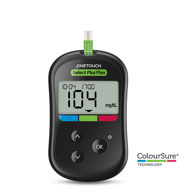 OneTouch Select Plus Flex glucose meter displaying a reading of 104 mg/dL with a test strip inserted