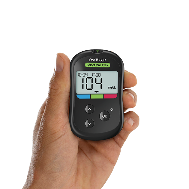 OneTouch Select Plus Flex glucose meter displaying a reading of 104 mg/dL with a test strip inserted