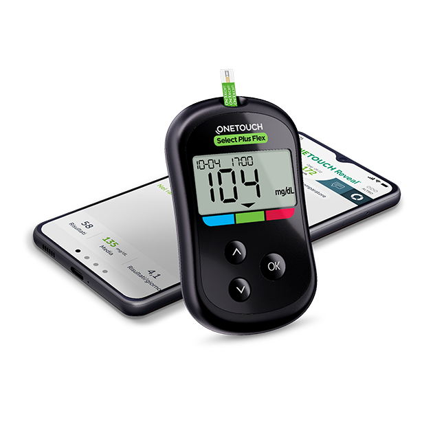 OneTouch Select Plus Flex glucose meter displaying a reading of 104 mg/dL with a test strip inserted