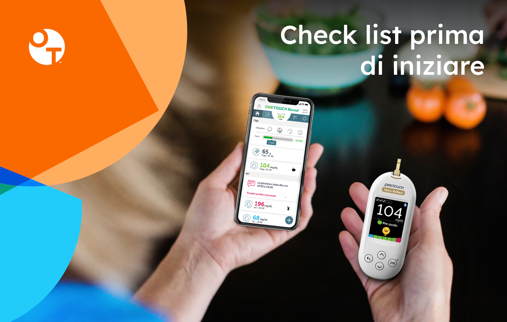 Persona che utilizza l'app OneTouch con misuratore di glucosio per la gestione del diabete.