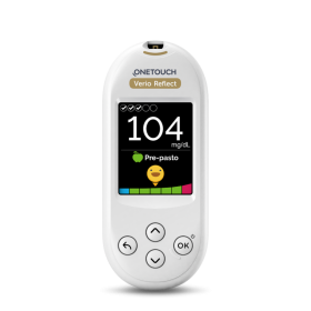 OneTouch Verio Reflect glucose meter displaying 104 mg/dL reading.