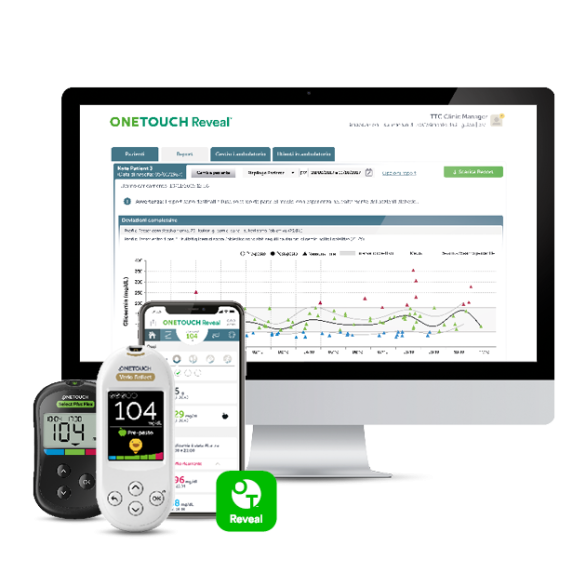 A desktop computer and two mobile devices displaying the ONETOUCH Reveal platform, including glucose data charts and statistics.