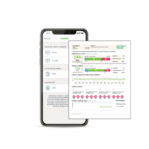 Mobile phone displaying the ONETOUCH Reveal app interface with a report sharing screen.