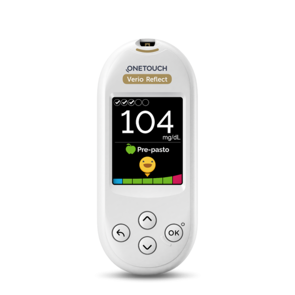 OneTouch Verio Reflect glucose meter displaying 104 mg/dL reading.