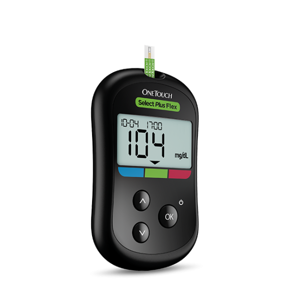 OneTouch Select Plus Flex glucose meter displaying a reading of 104 mg/dL with a test strip inserted