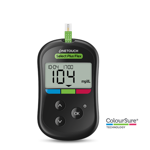 OneTouch Select Plus Flex glucose meter displaying a reading of 104 mg/dL with a test strip inserted