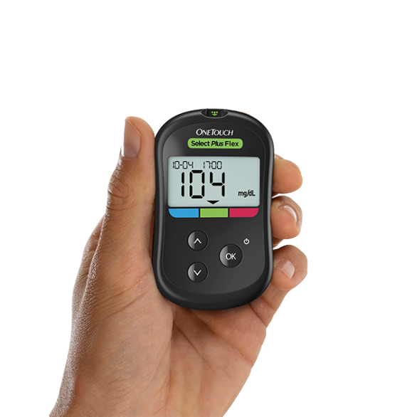 OneTouch Select Plus Flex glucose meter displaying a reading of 104 mg/dL with a test strip inserted