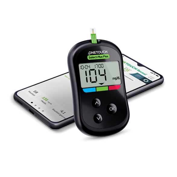 OneTouch Select Plus Flex glucose meter displaying a reading of 104 mg/dL with a test strip inserted